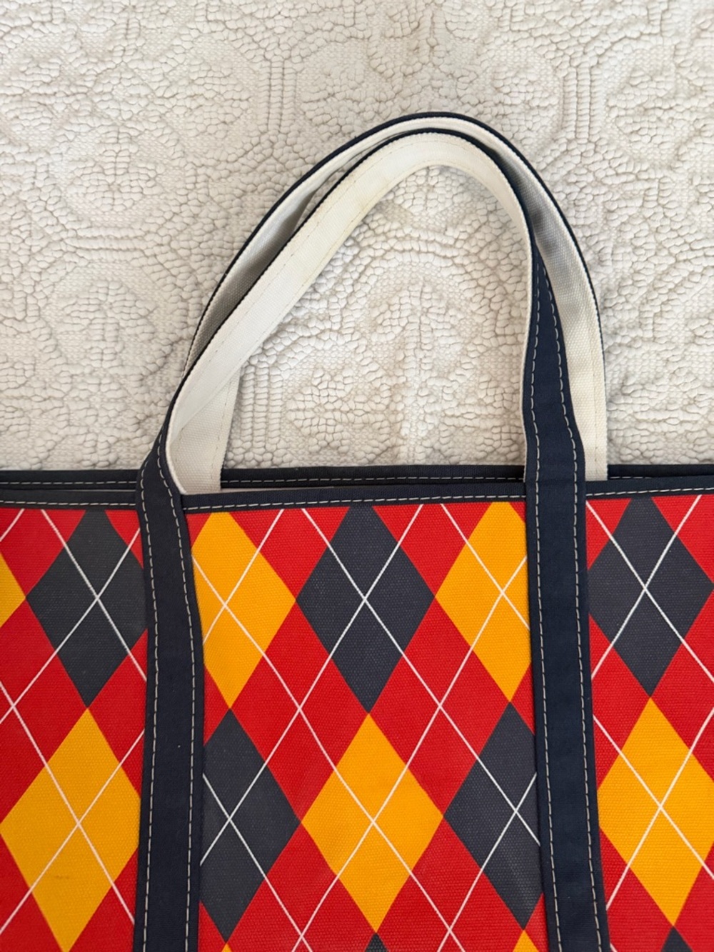LL Bean Vintage Blue Red Yellow Argyle Large Boat and Tote 100% Cotton Canvas - Picture 2 of 9